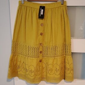 Mustard Button-Front Eyelet Midi Skirt